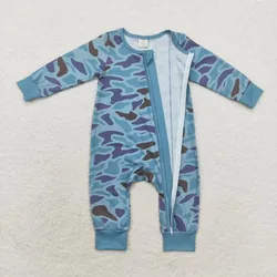 Blue camouflage style jumpsuit milk silk with zipper warm cute dog with hat patterns kids clothing