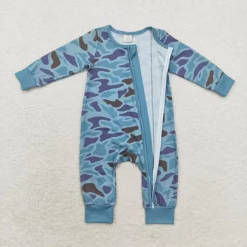 Combinaison Solomon en soie de lait avec fermeture éclair pour enfants, style camouflage bleu, motifs de chapeau, vêtements chauds et mignons, chien