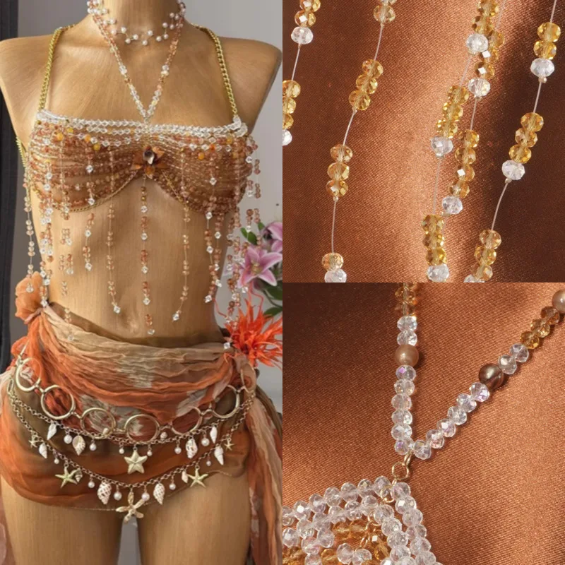 Beaded Bra Chain Crystal Body Chain Top Jewel Bra Belly Dance Bikini Cover Up Festival Party Beach Clubwear Women Costume