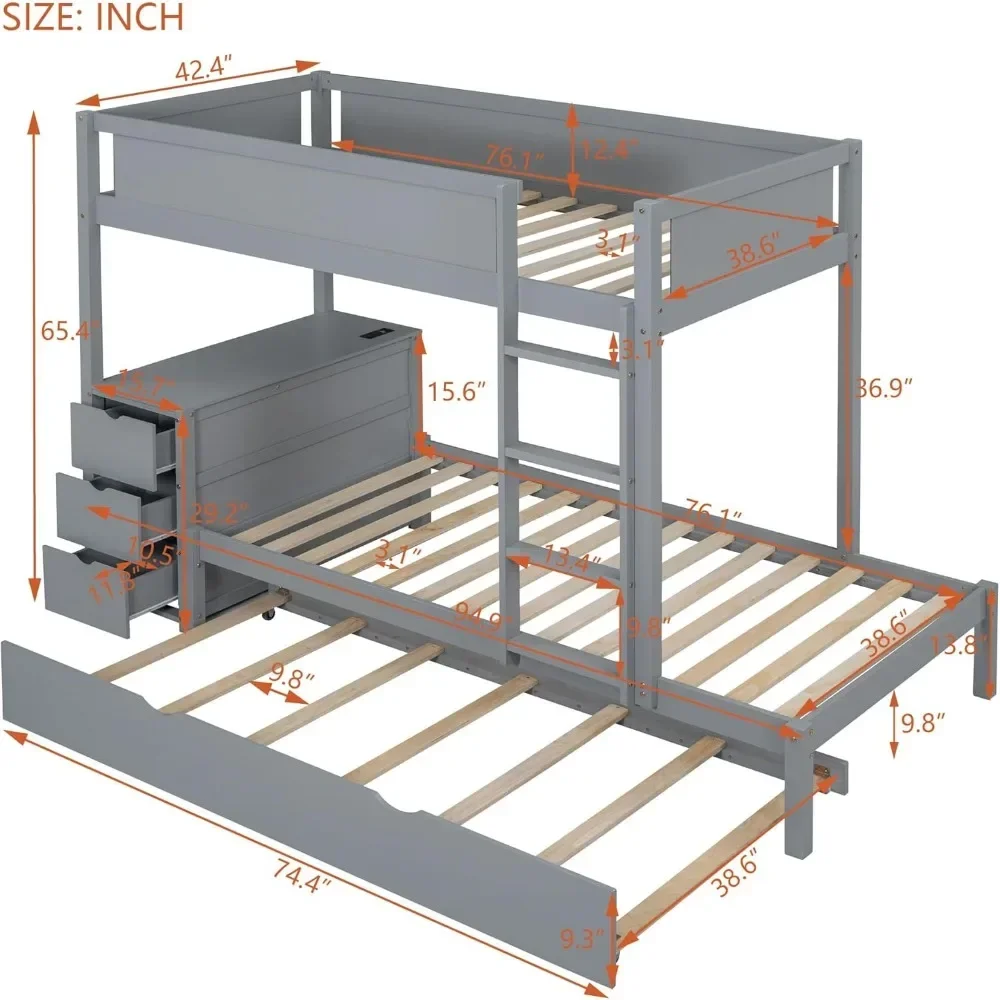 Bunk Bed ,Twin Size Trundle, with USB Ports, Storage and Desk,Twin,Beds Frame,Solid Wood Bunk Beds