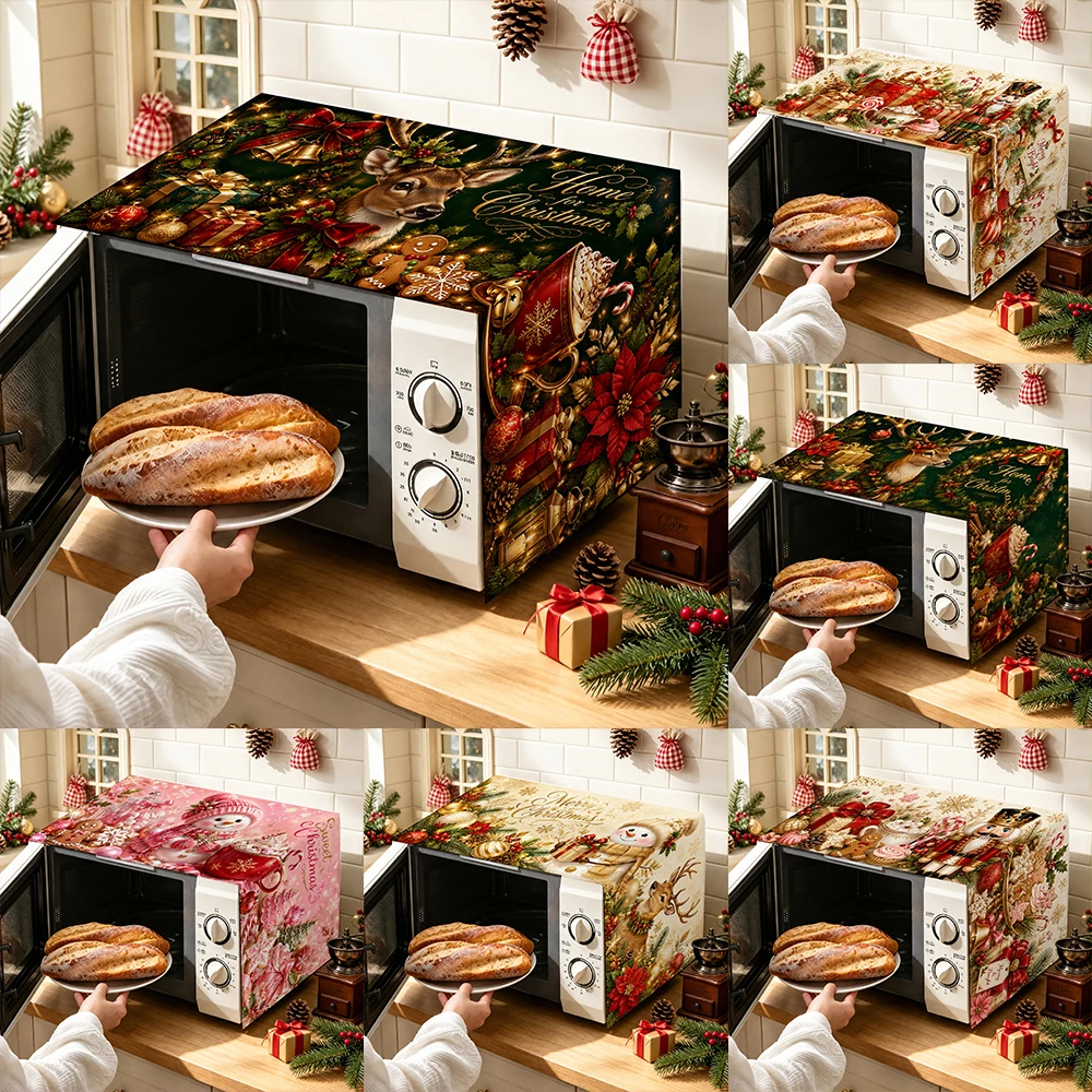 1pc Christmas Microwave Oven Cover, Vintage Holiday Themed Dustproof Protector for Kitchen Appliances