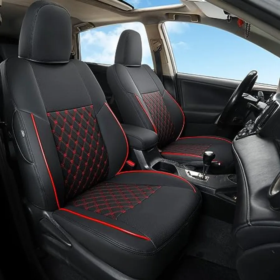 

Pu Leather Car Seat Covers Full Set Custom Fit for RAV4 LE 2013-2018 Non-Hybrid Black Red Line