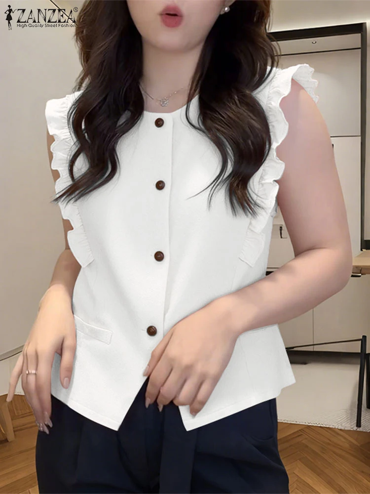 

2025 ZANZEA Summer Elegant Sleeveless Blouses Office Women Shirt Stylish Flounce Work Tops Casual Solid Buttons Holiday Blusas