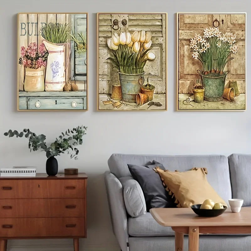 3pcs/set European Retro Plants Flower Posters Pastoral Canvas Paintings Vintage Wall Art Pictures Home Room Decor Unframed