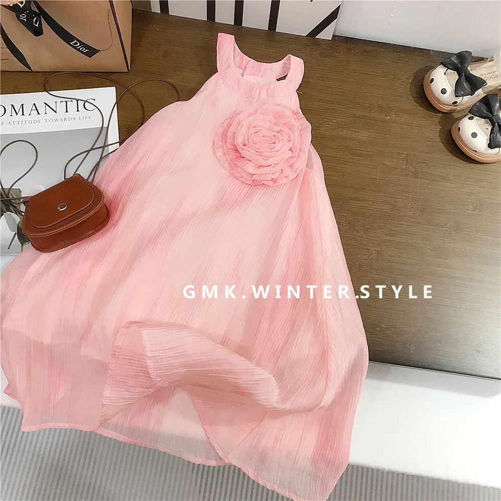 Korean girls French neck three-dimensional flower dress medium and large children's sleeveless fairy vacation princess dress
