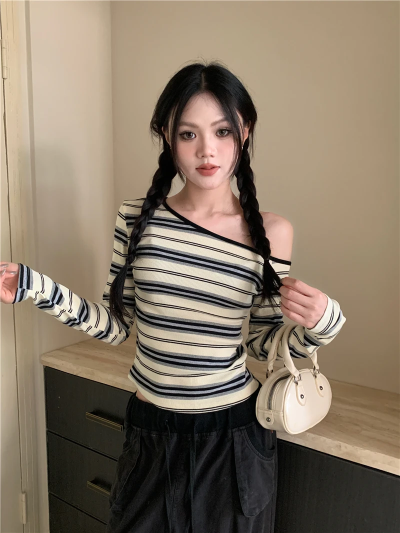 MiiiiX Casual Style Striped Off-shoulder T-Shirts Women's 2024 Autumn Striped Long-sleeved Designed Slimming Top Female Clothes