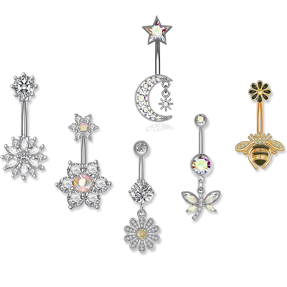 6er-Set Bienen- und Libellen-Bauchnabelringe, 14G Bauchschmuck-Anhänger aus Edelstahl mit Mond, Herz und Kristall, Bauchnabelpiercing-Set