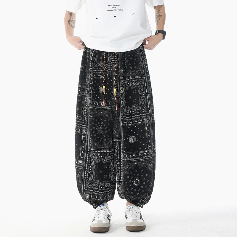 Men Chinese Style Printed Lantern Harem Pants men Elastic Waist Cuffed Ankle Casual Loose Fit Fashion Printed Design Trendy