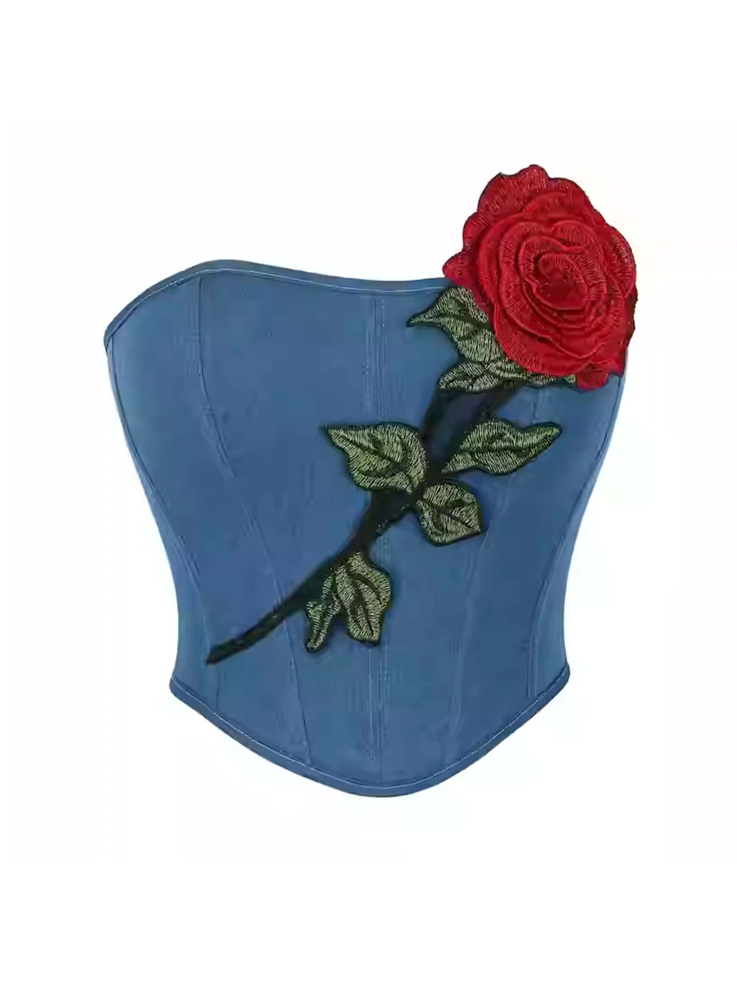 

Women Blue Denim Crop Top Rose Embroidery Jean Corset Top Sleeveless Vest Off Shoulder Y2k Tank Top 2000s Vintage Clothes Summer