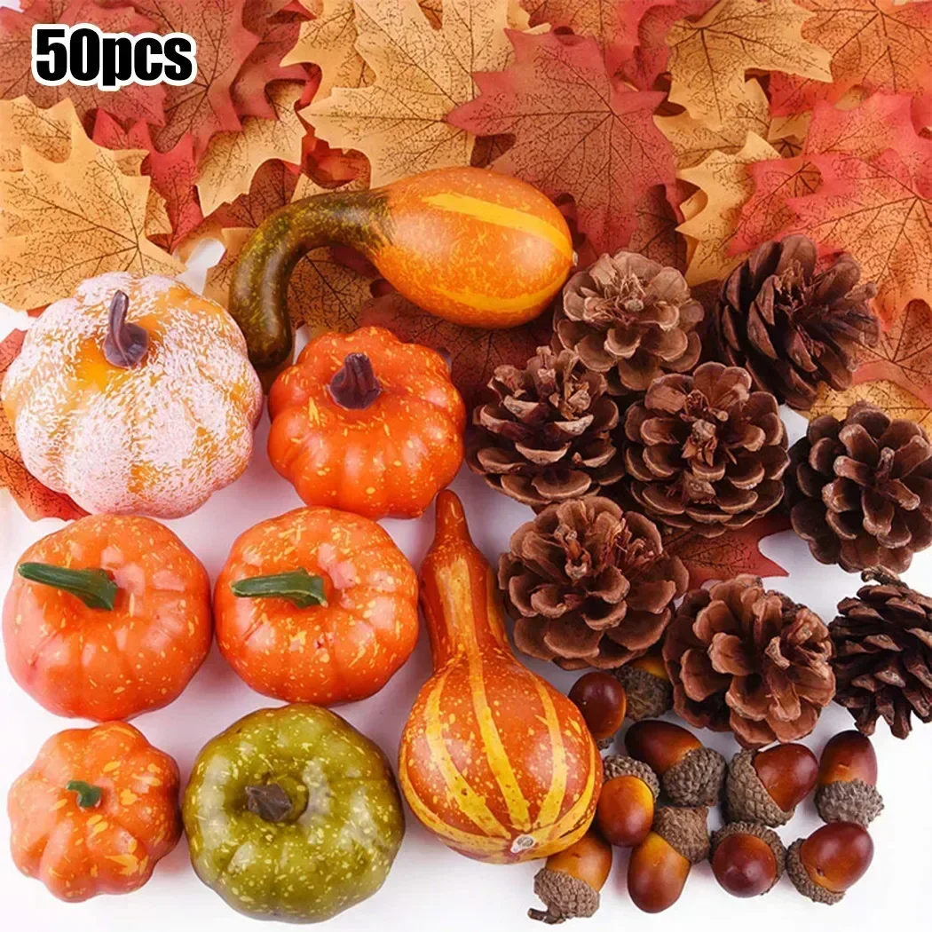 50/70/86 Pcs Artificial Pumpkin Maple Leaves Pine Cone Halloween Thanksgiving Fall Table Home Decoration Photo Props Ornaments ﻿