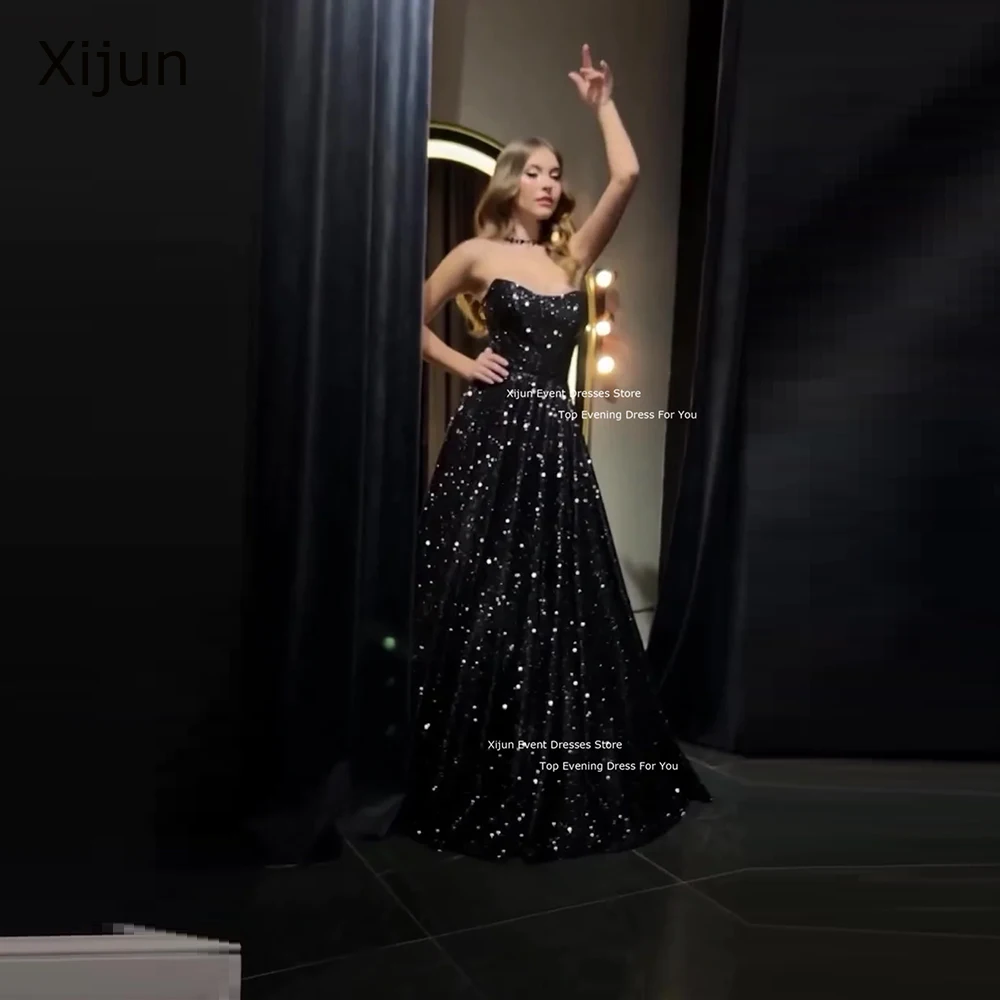 Xijun Glitter Long Black Evening Dresses Sleeveless A-Line Sweetheart Prom Dresses Floor Length Prom Gowns Formal Party Dresses