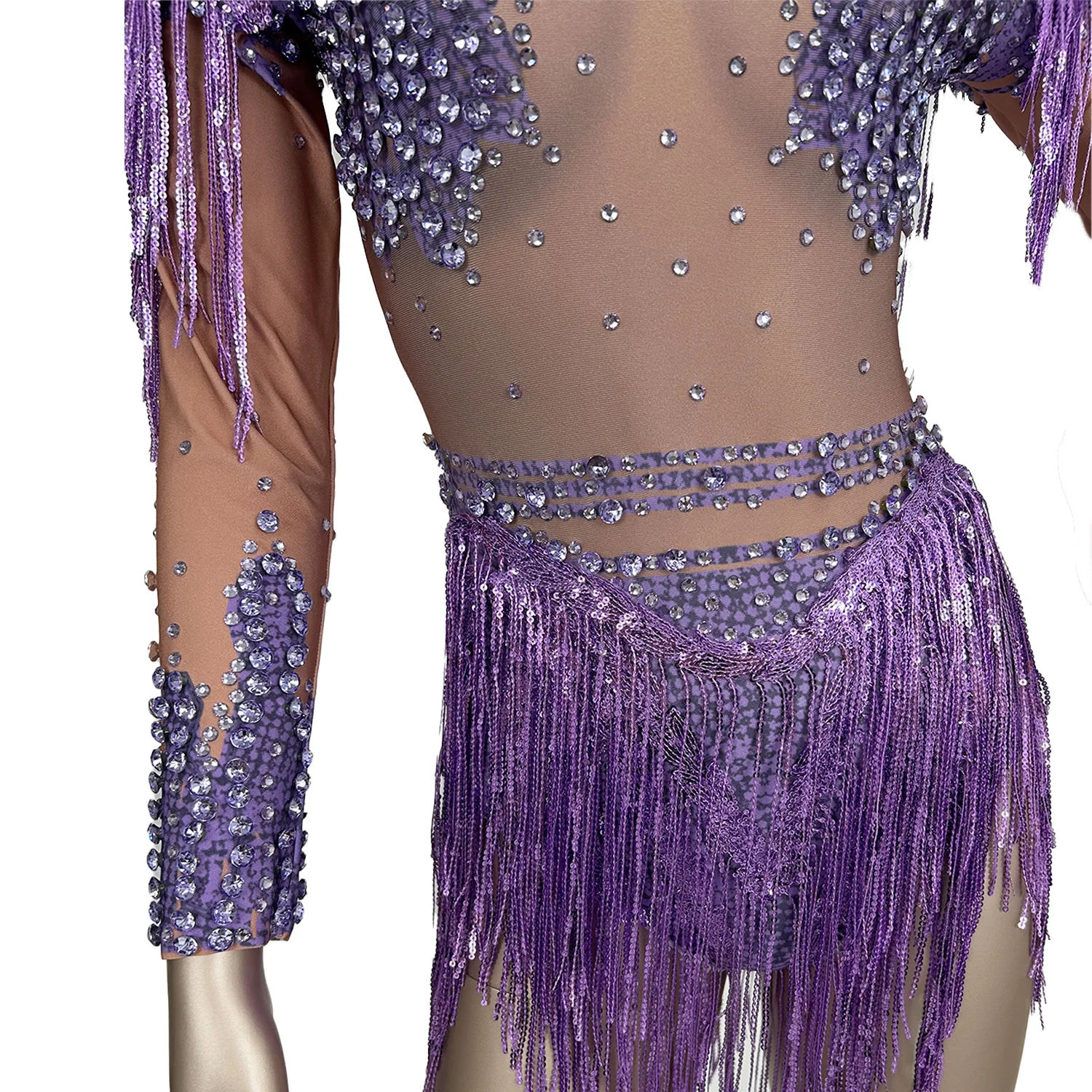 Nightclub Sexy Women Spandex Tight Fitting Bodysuit Sparkly Rhinestone Sequins Tassel Bodysuit Party Dance Show Outfit Xinniang