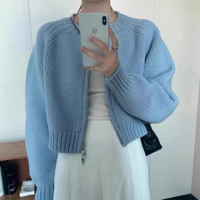 Women Knit Cardigan Full Sleeve Round Neck Splice Zipper Sweater Coat Solid Straight Casual Outwear Lady Jumpers Autumn Winter