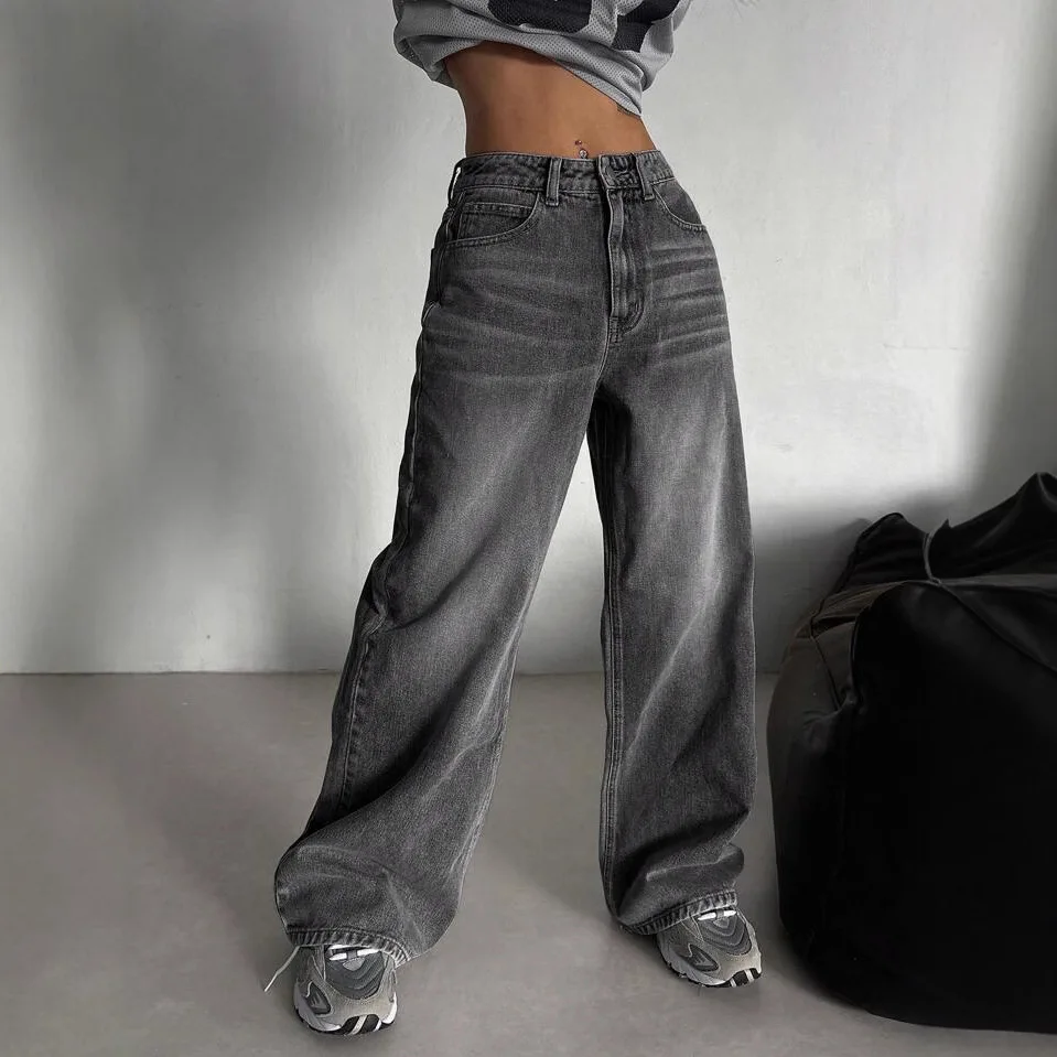 

American Street Style Retro Smoky Gray Washed Jeans Women, Versatile High- Loose Wide-Leg Floor-Length Pants For Autumn