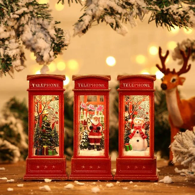 1PC Christmas Retro Phone Booth Desktop Ornaments Santa Snowman Christmas Tree Home Party Holiday Decorative LED Light Kid Gifts