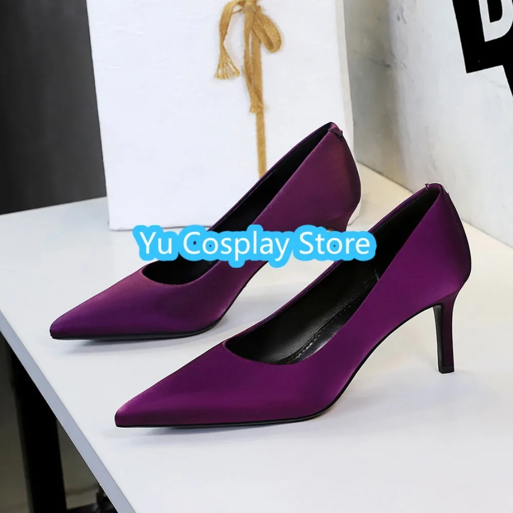 

Женские шелковые туфли на тонком каблуке с неглубоким носком, универсальные, простые, профессиональные, темпераментные, с острым носком, туфли для косплея