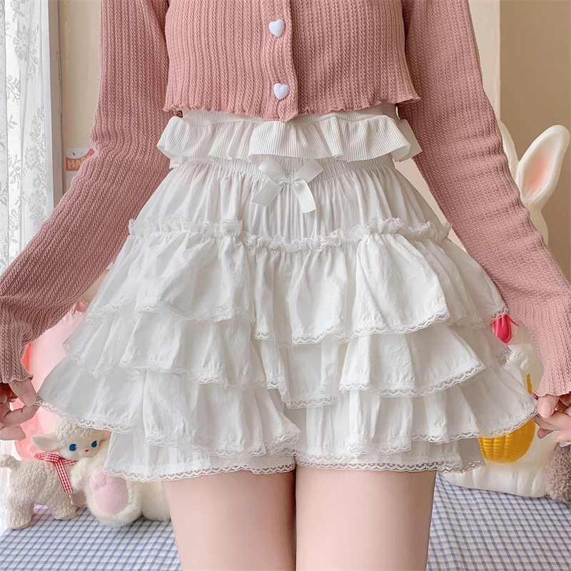 Kawaii Cute Lolita Safety Short Pants Women Sweet Solid Color Cotton Lace Bow Knickers Japanese Harajuku Y2k Plush Warm Bloomers