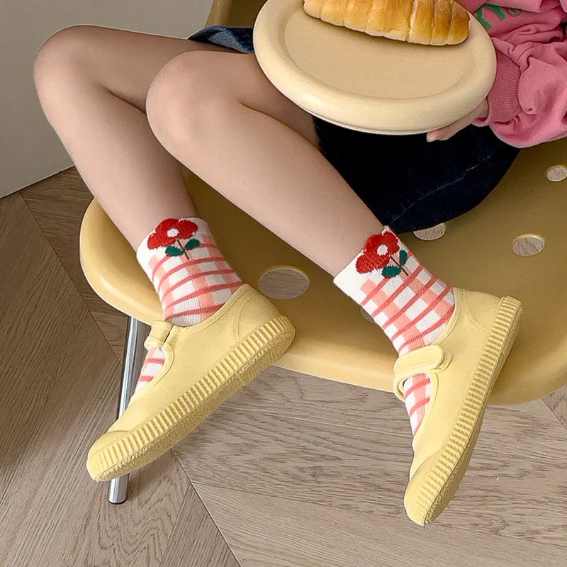 5Pairs Kids Socks Four Seasons Korean Cute Flower Toddler Socks Checkerboard Girls' Socks Cotton Socks 3-8Ysocks