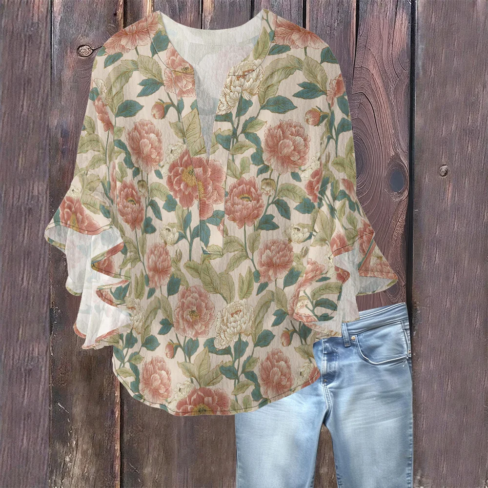 鮮やかな花柄 エレガントなフレンチスタイル ブラウス Vネック フラッタースリーブ ロマンチック ヴィンテージ レトロ レディース トップス カジュアルまたはデートナイト