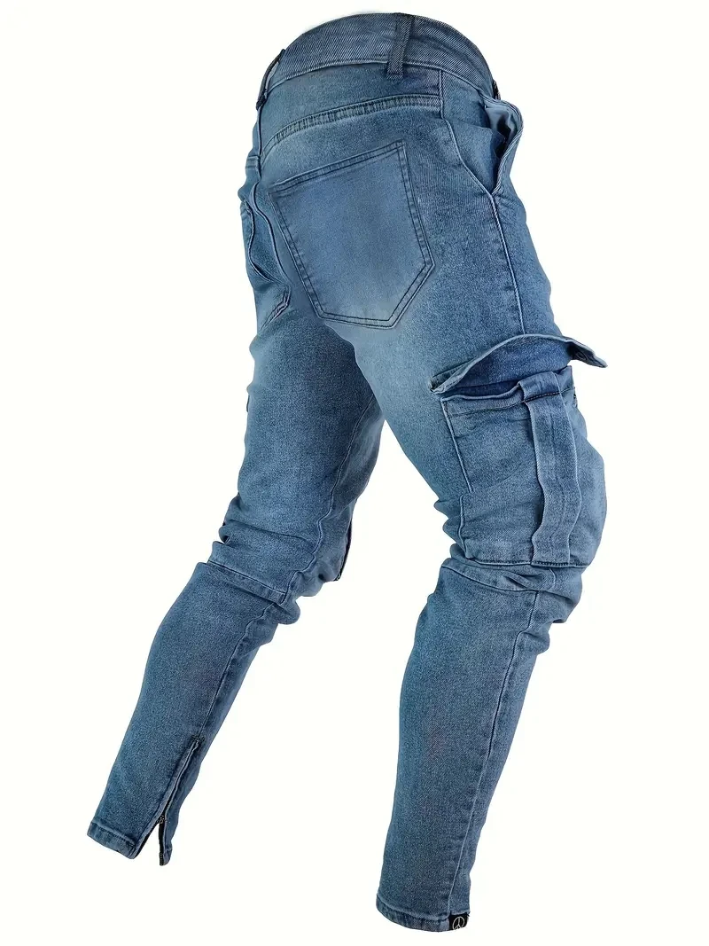 Street Elastic Jeans Men Denim Cargo Pants Solid Color Multi Pockets Bottom zipper Casual Trousers Slim Fit Daily Wear Joggers