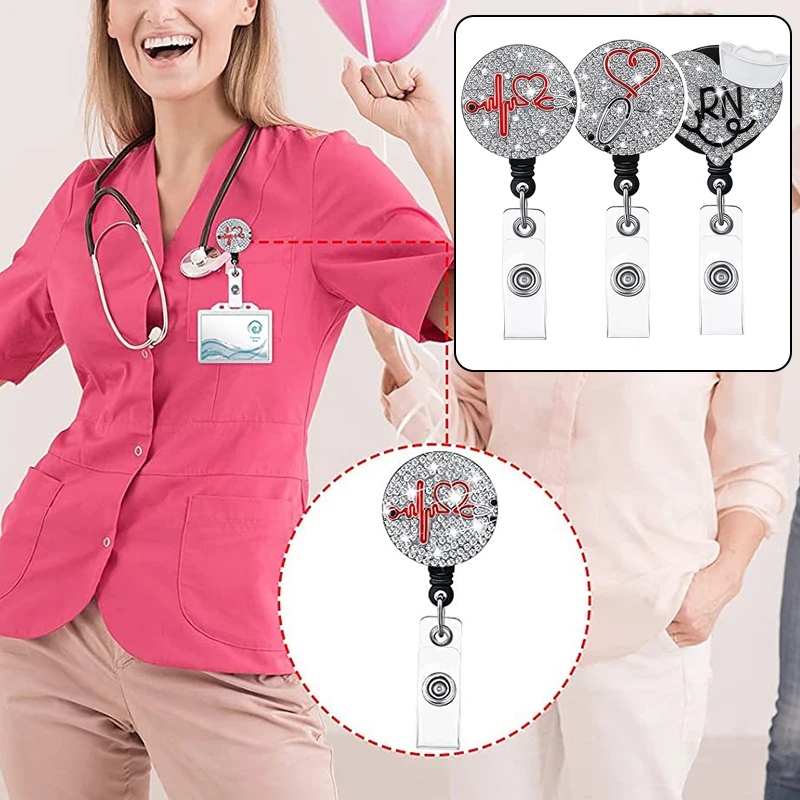 Retractable Medical Worker ID Tag Holder Buckle Rhinestone Nurse Badge Easy Pull Buckle Exquisite Badge Clip Office Supplies
