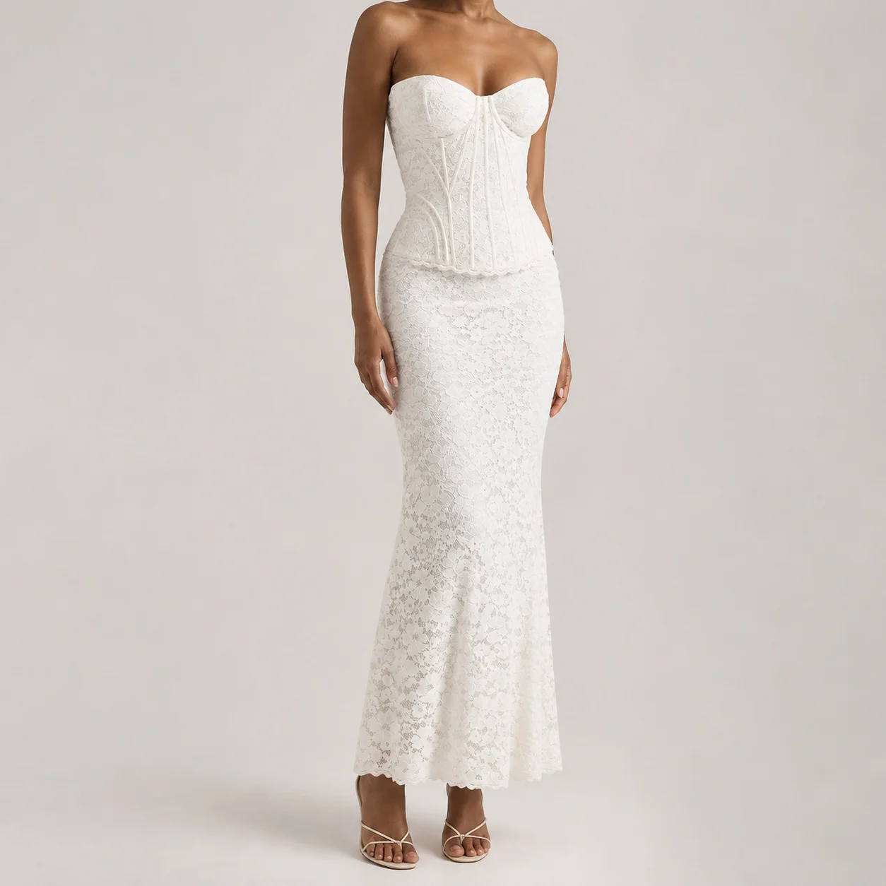 Women's Elegant Wedding Guest Dress Sexy Lace Backless Tie Back Long Sleeveless Off Shoulder High Waist Fitted Party Prom Dress