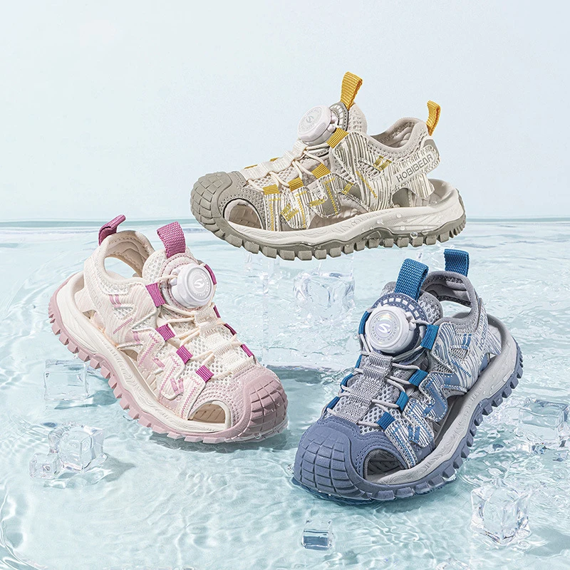 Breathable Mesh Beach Sandals Brand Rotating Buckle Closed Toe Anti Collision Footwear For Kids Boys Girls Summer Daily Wear