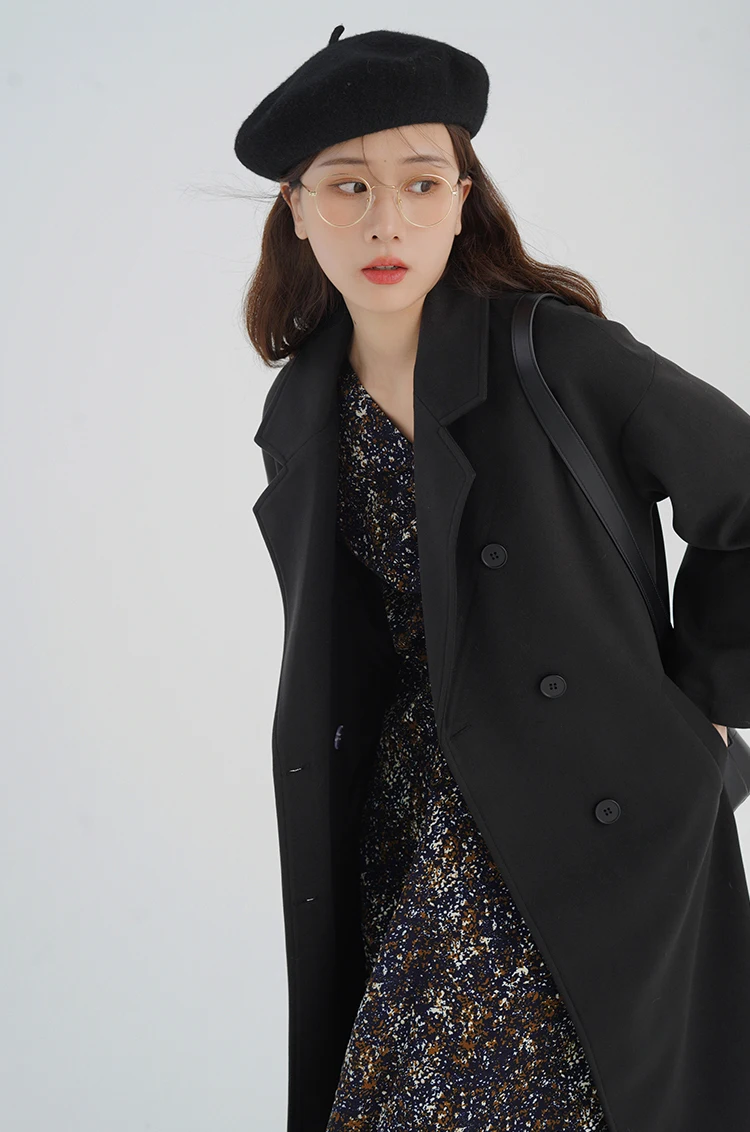 Lady Elegant Wool-like Coat Women Vintage Long Overcoat Black Lapel Jacket Warm Stylish Daily Wear Chic Cold-Season Outfits