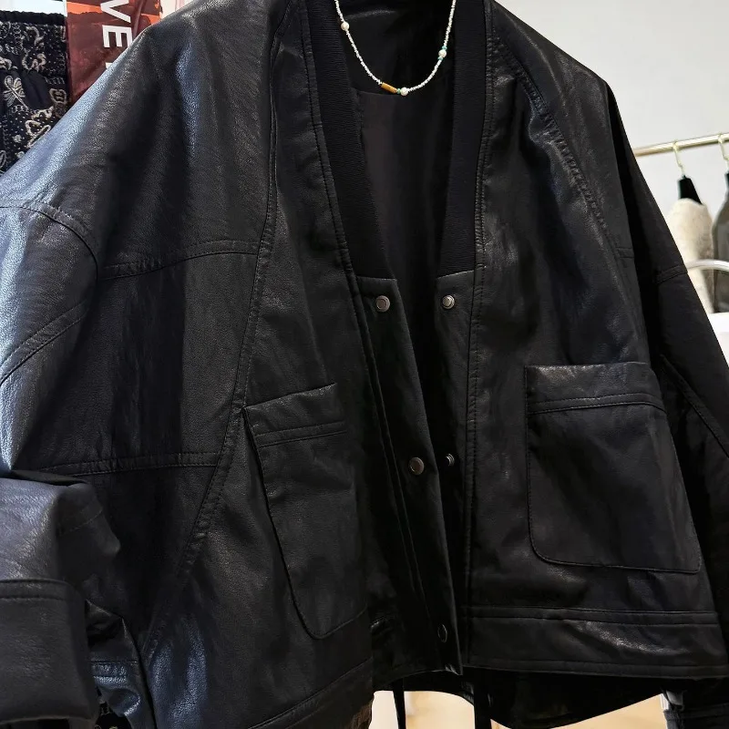 Premium Sense Huge Good-looking Lazy Style Loose Casual V-neck Pu Leather Jacket Women's Spring Autumn Bat Sleeve Leather Jacket