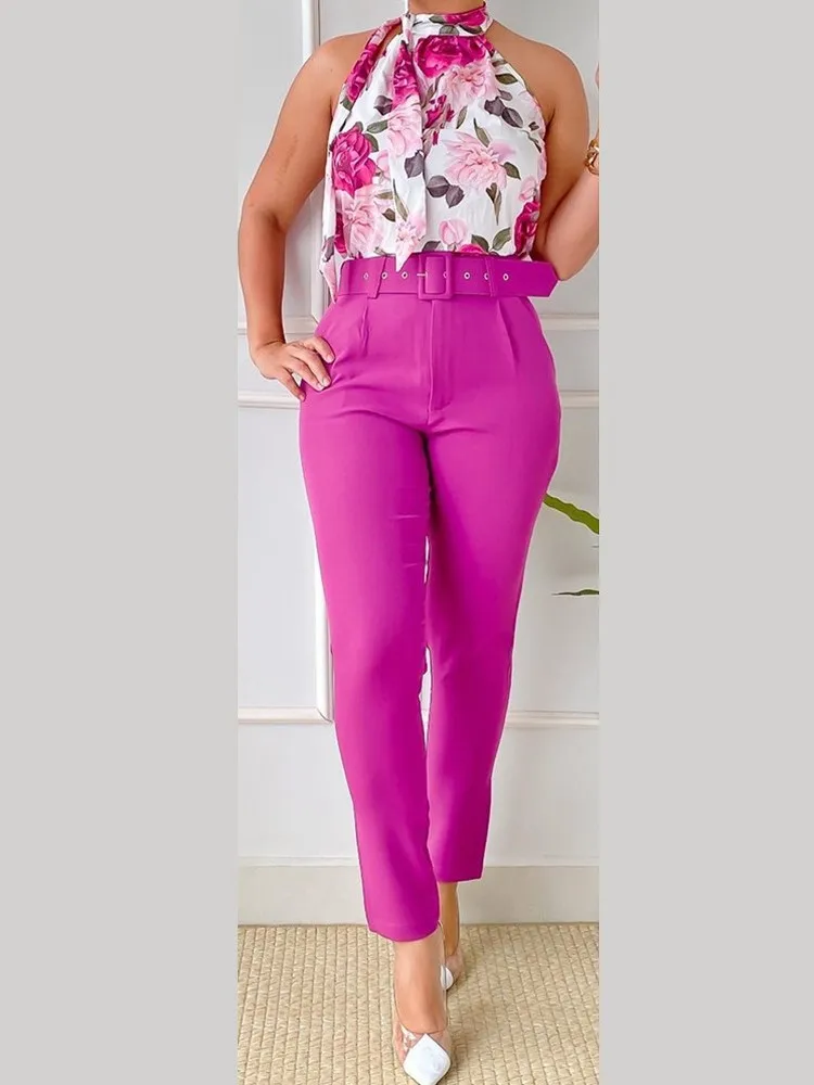 Ensemble Deux Pièces pour Femme, Pantalon Long d'Été, Imprimé Floral, Halter, Haut en Fibre Précieuse avec Ceinture, Tenue Féminine à Col Rond