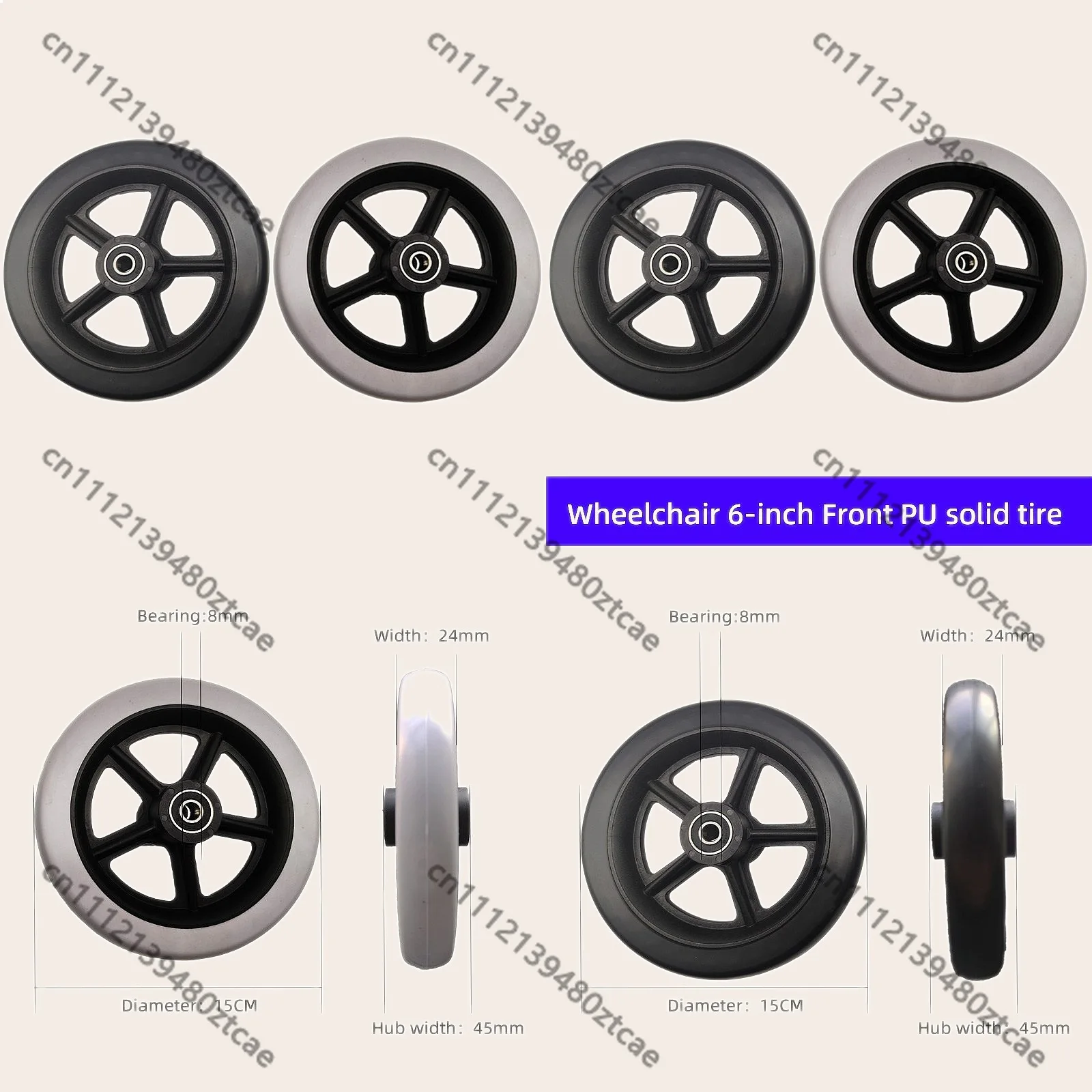 

Universal Wheelchair Front Wheel 6inch PU Solid Tire Swivel Casters Wear-Resistant High-Speed Pair