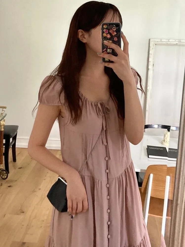 korean-style-long-dress-single-button-loose-women's-clothing-atmosphere-sense-summer-outfit-commute-style-autumn-winter
