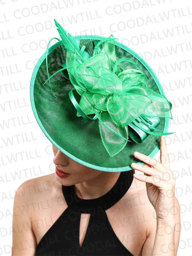 Green Wedding facinators hats for women Headband Church Feather Hair Accessories Femme Pillbox Cap chapeau ceremonie mariage