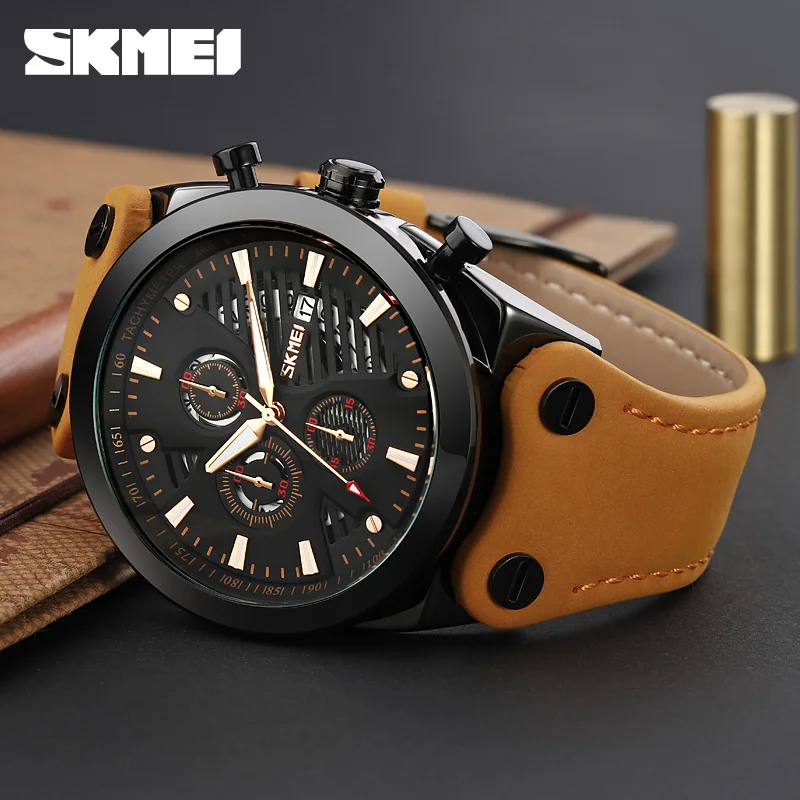 SKMEI Fashion Vintage Quartz Watch Luxury Leather Strap Men\'s Watches Top Brand Business Wristwatch Stopwatch Calendar Clock