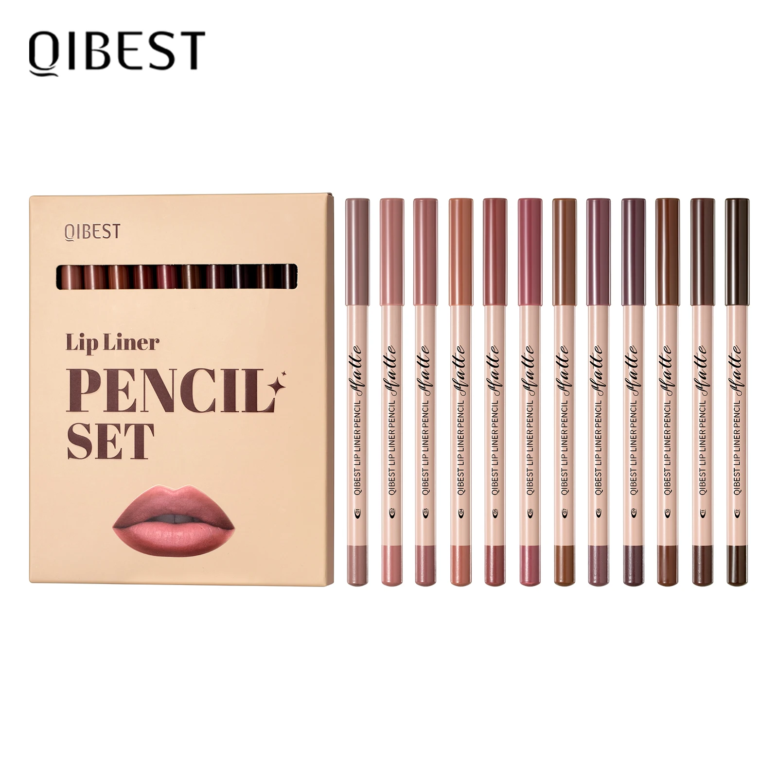 QIBEST 12-Farben-Set aus Naturholz, matt, Lippenstift und Lipliner, Nude, langanhaltendes, wischfestes Lipliner-Set