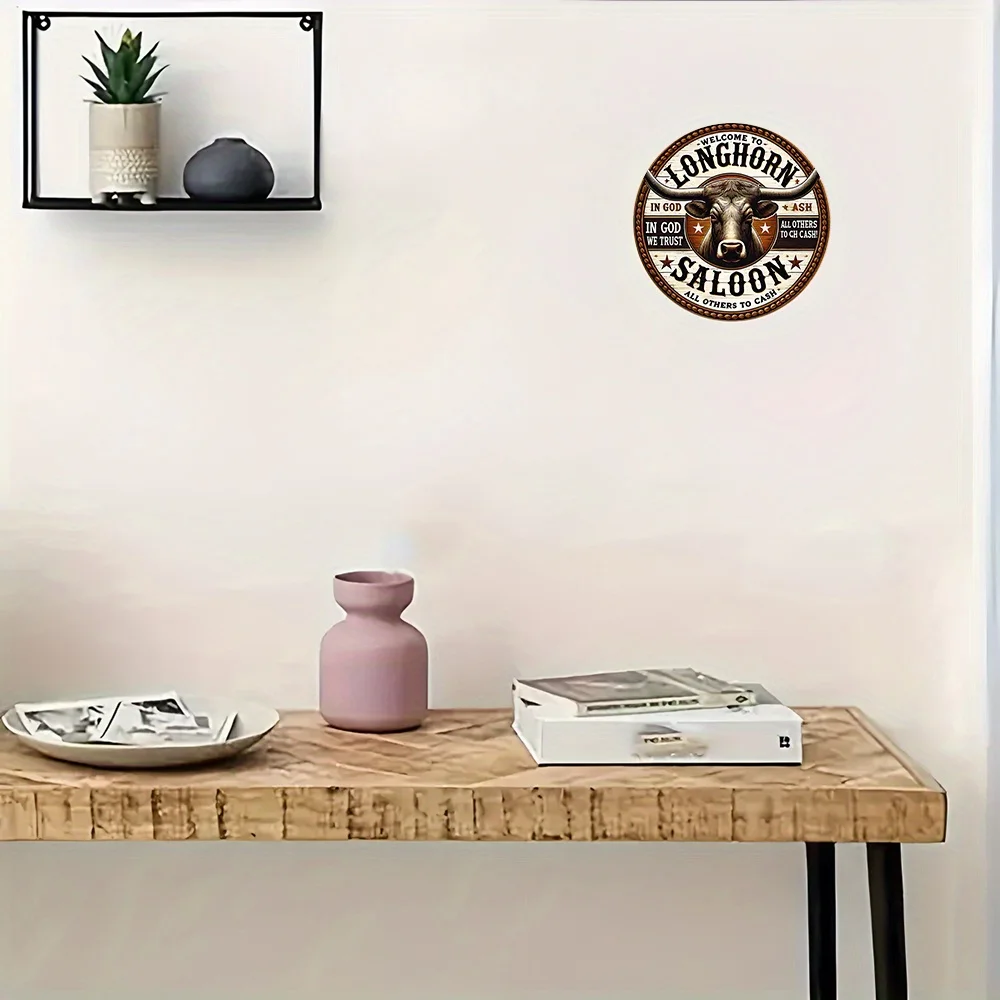 مسطح ثنائي الأبعاد - قطعة واحدة من لافتة القصدير المعدنية المستديرة مقاس 8 × 8 - فن روح رعاة البقر الطويلة، ديكور غربي ريفي مع "مرحبًا بكم في طويل #6