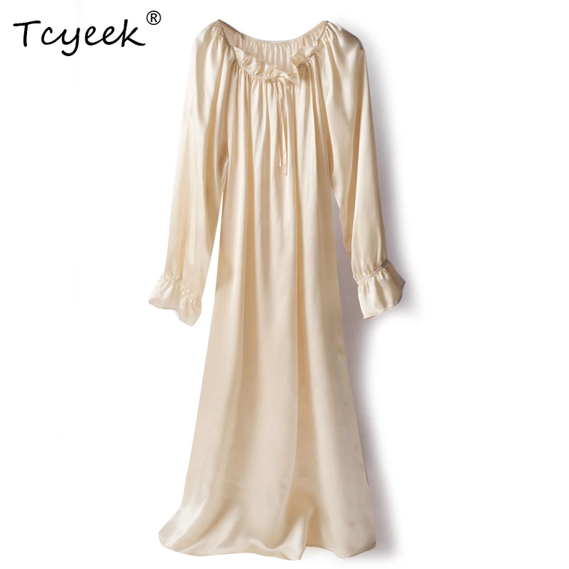 

Tcyeek 100% Real Mulberry Silk Sweat Spring Summer Round Neck Long Sleeved Stringy Selvedge Long Women's Nightgown Dress 잠옷 원피스