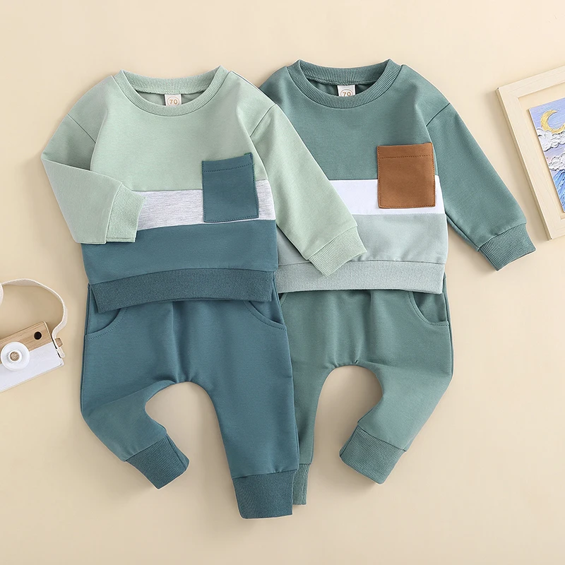 

Baby Boy Fall Winter Clothes Patchwork Long Sleeve Crewneck Pullover Sweatshirt Jogger Pants Set Color Block Outfit