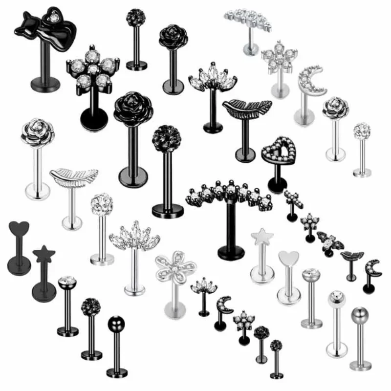 5PCS Flower Tragus Piercing Set Flat Back Cz Cartilage Stud Earring Helix Jewelry Conch Rook Stud Lot Labret Lip Piercing Bulk