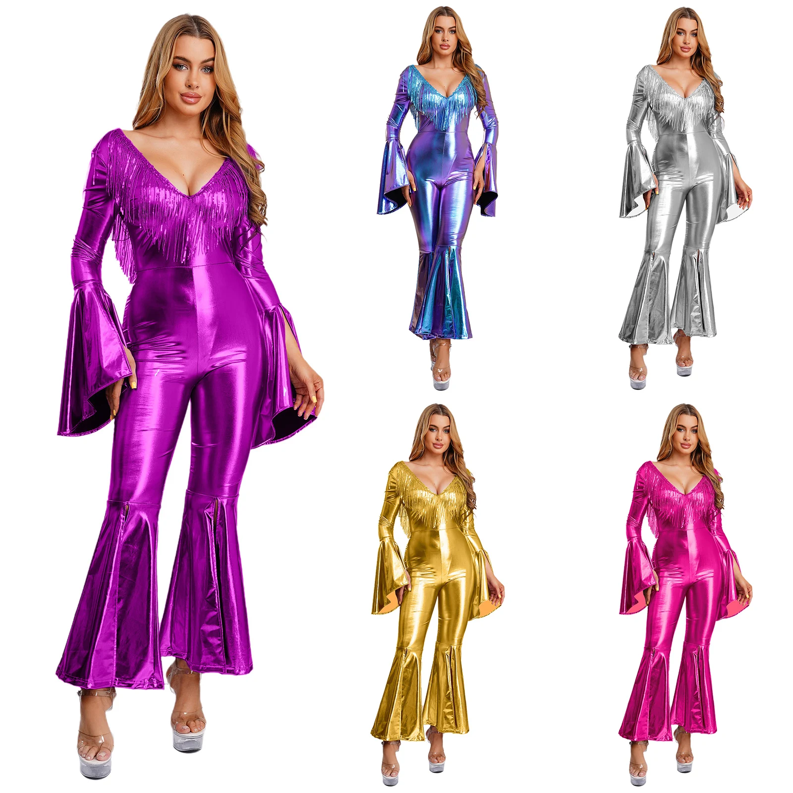 Costume Hippie d'halloween brillant pour femmes, manches longues, paillettes, glands, tenue Disco, bal des années 70 et 80, combinaison évasée, Costumes de fête