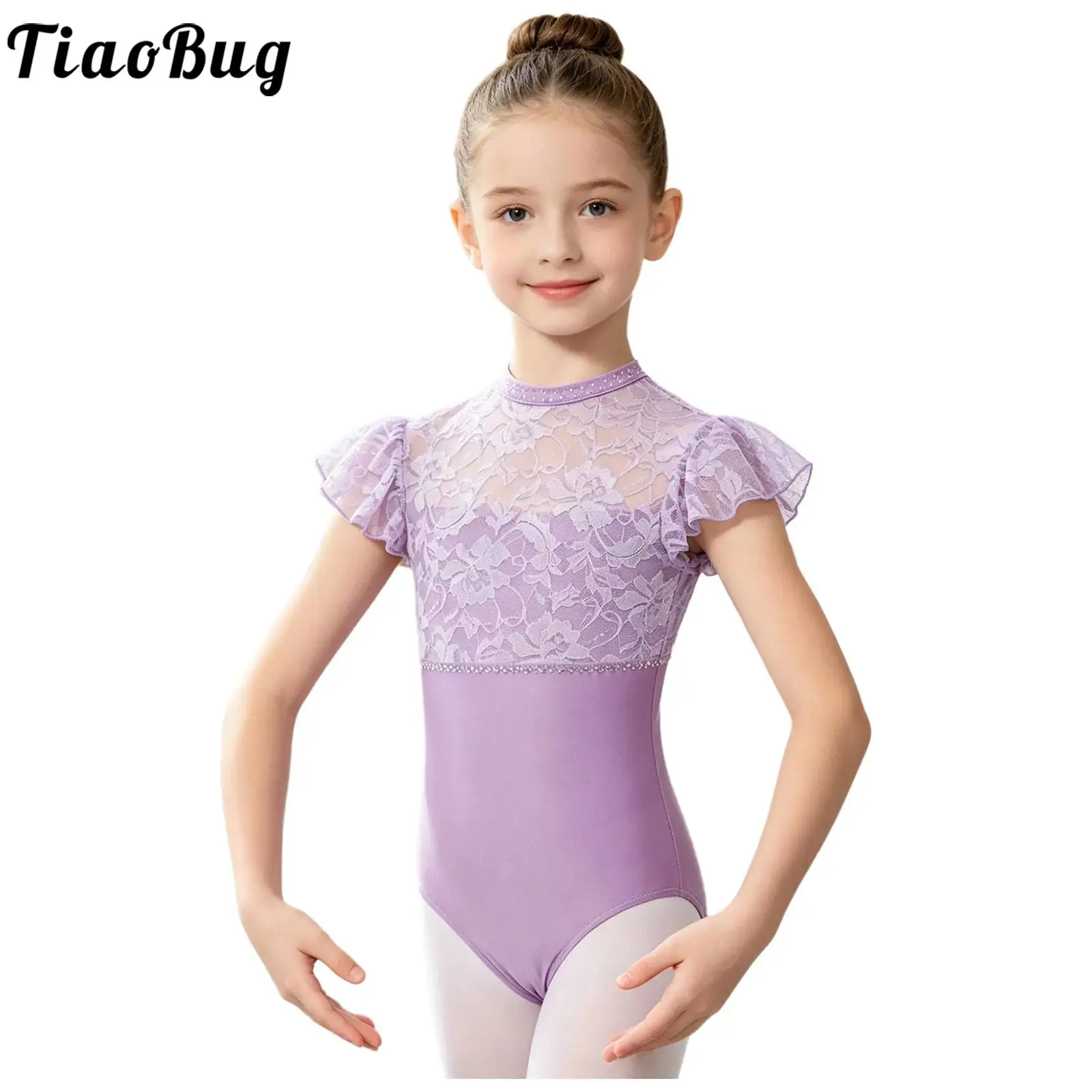 Teen Girls Ballet Dance Leotard Lace Ruffled Sleeve Hollow Back Rhinestones Bodysuit Unitards Gymnastics Skating Yoga Dancewear