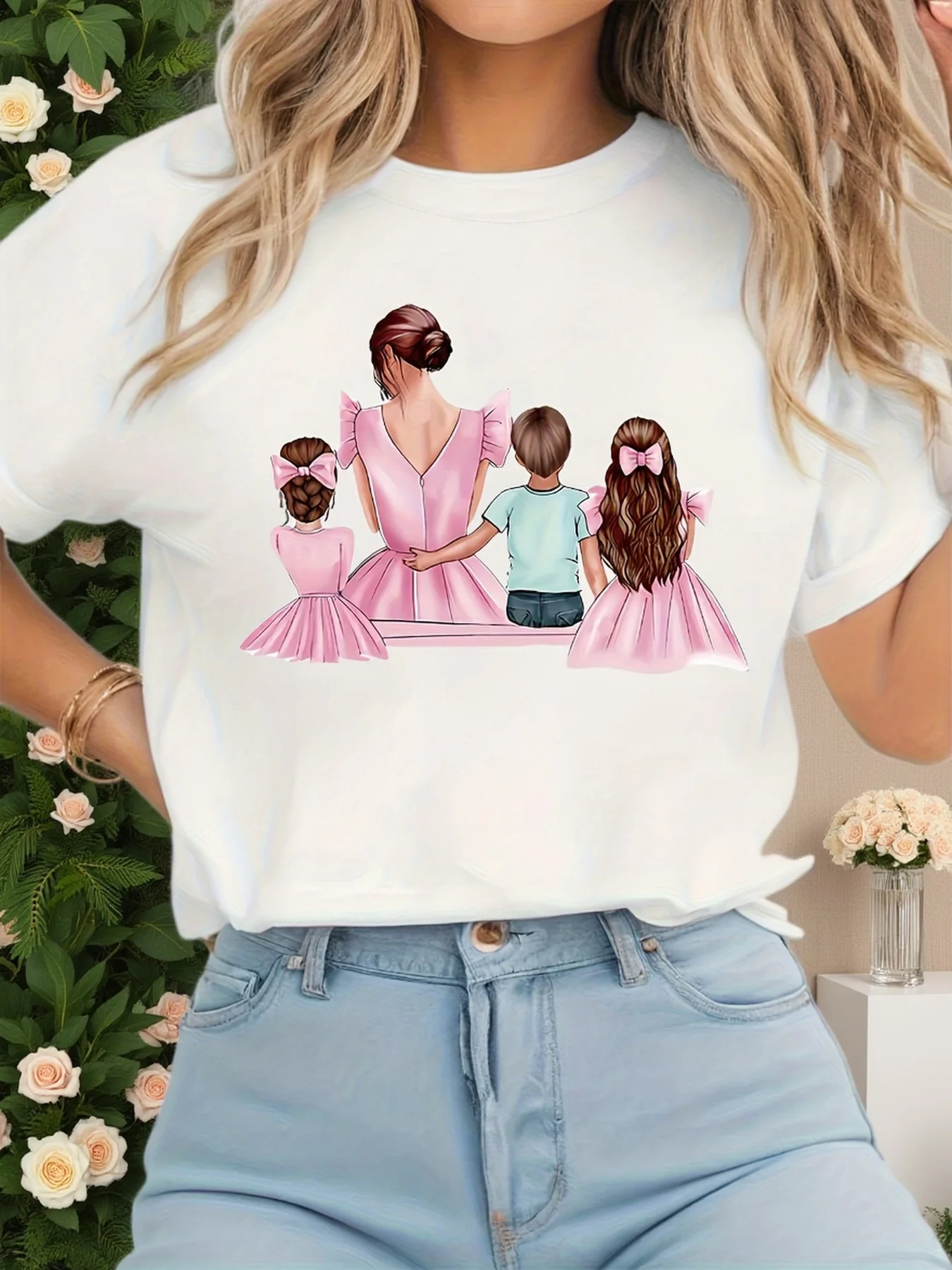 Mother Daughter and Parent Illustration Graphic Print Women's T-shirt Sleeve Crew Neck Casual Summer Spring Women's Clothing