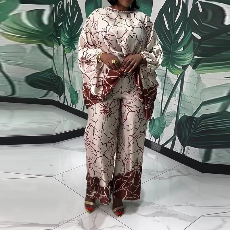 Autumn New Loose Women's Two Piece Sets Elegant Long Sleeve Pullovers Sets Irregular O-neck Pattern Printed Tops And Pants Sets