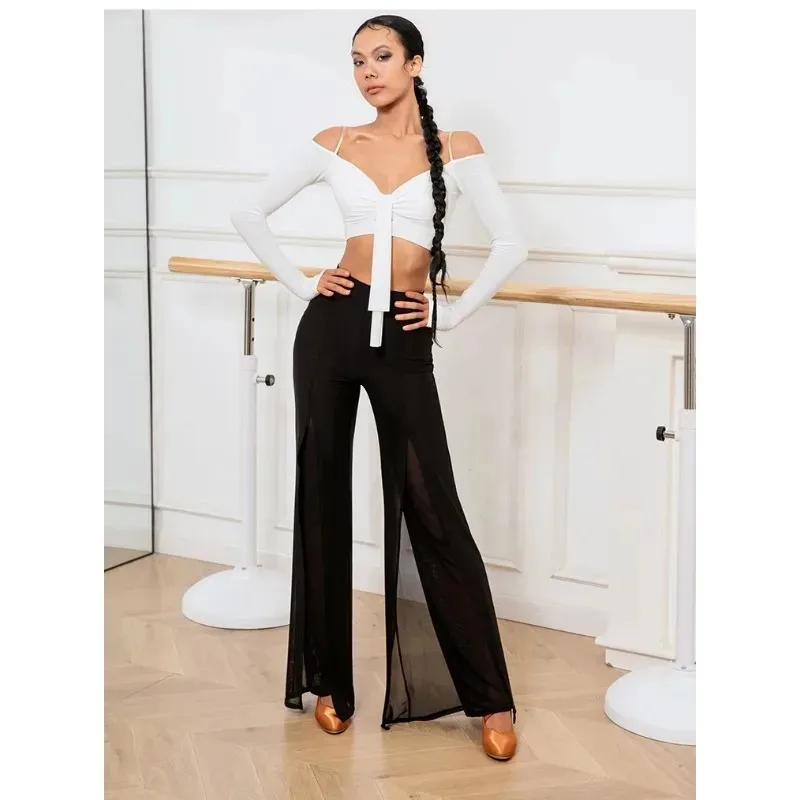 

Women Latin Dance Leopard Print Pants Split Double Layer Mesh Trousers High Waist Ballroom Salsa Training Casual Dance Bottoms