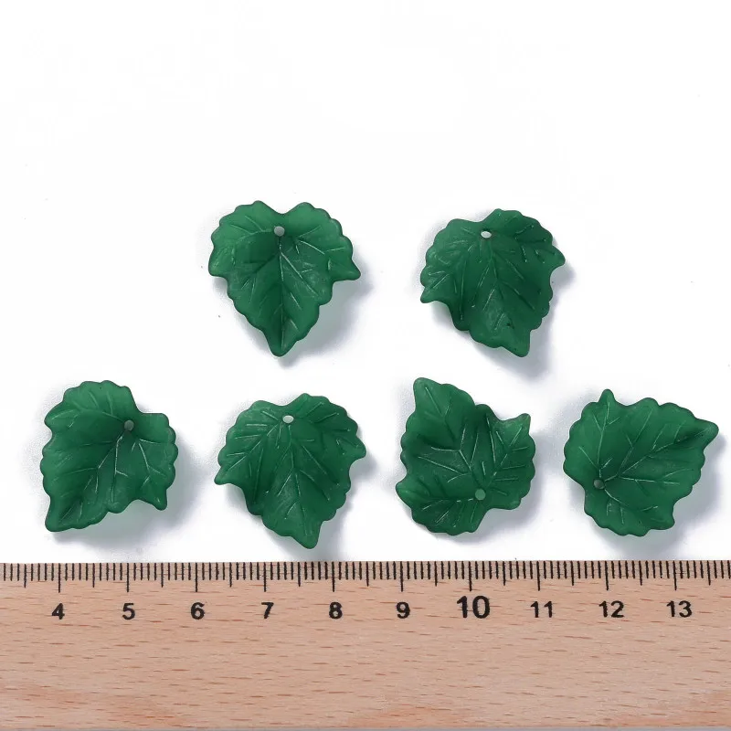 100 pc Autumn Theme Transparent Frosted Acrylic Pendants Maple Leaf Dark Green 24x22.5x3mm Hole: 1mm