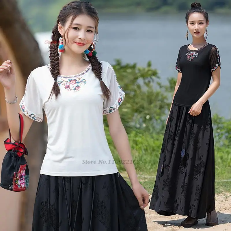 2025 vintage chinese shirt national women retro flower embroidery hanfu tops loose o-neck t-shirt ethnic oriental base shirt