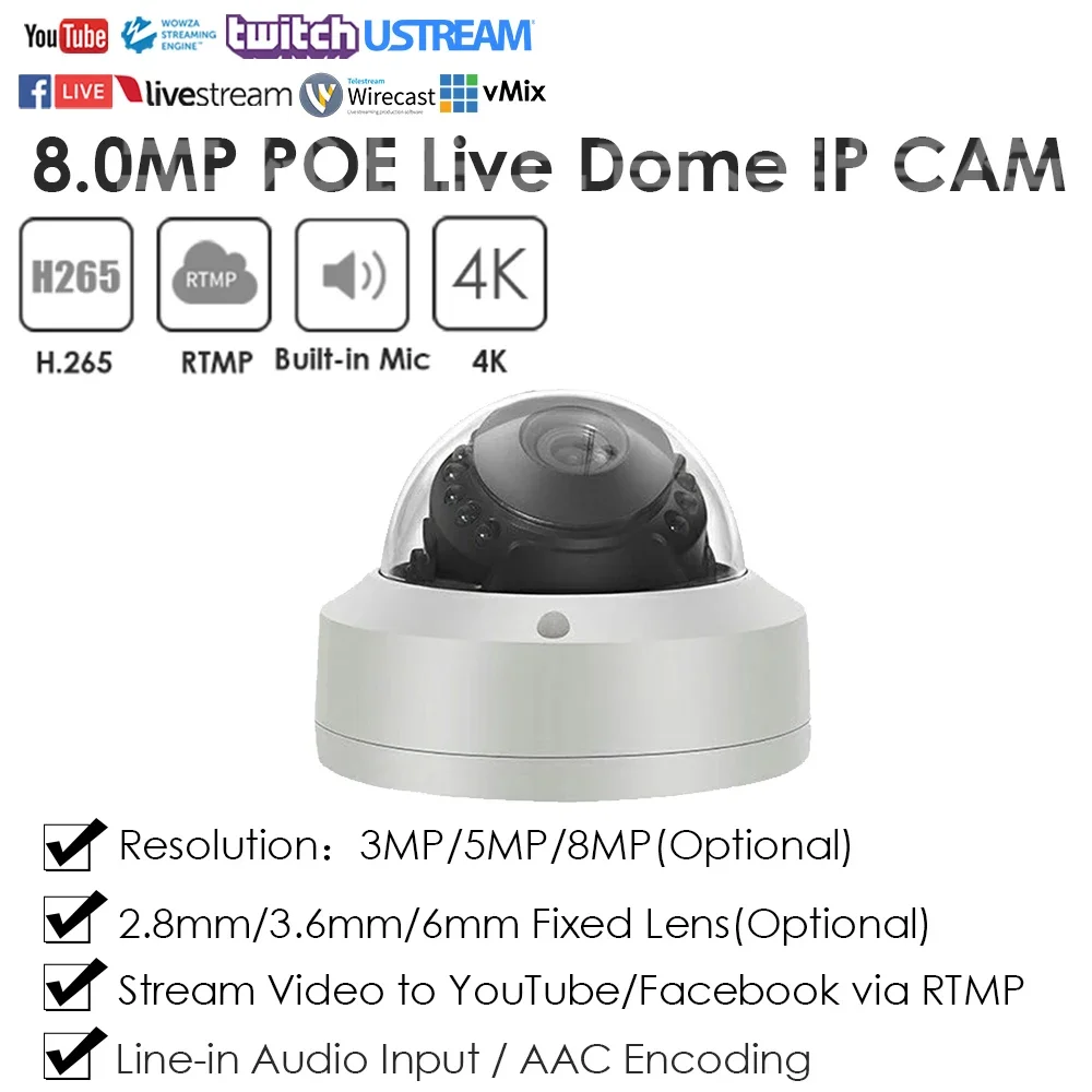 POE RTMP IP Camera 4K 8MP IMX415 for Live Streaming Push Video to Youtube/Twitter/Facebook Onvif Outdoor Indoor Motion Detection