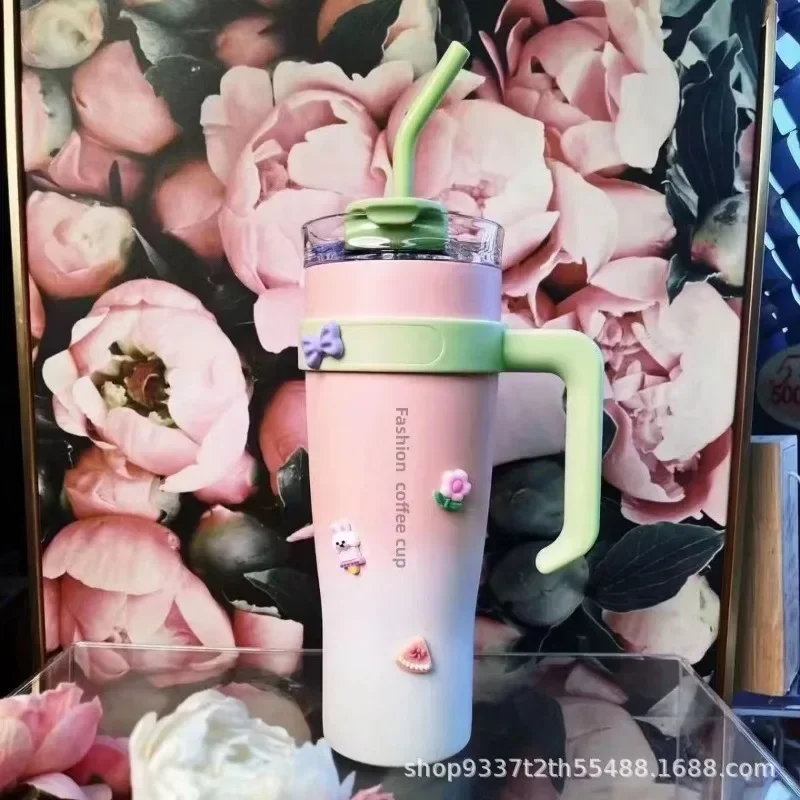 

Popular Internet Celebrity Big Thermos Cup Handle Car Ice Cup Large Capacity Portable Cold Insulation Straw Cup