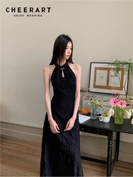 CHEERART Cheongsams Black Sleeveless Halter Long Dress Vintage Ruched Modest Tunics A Line Maxi Evening Luxury Dress 2024