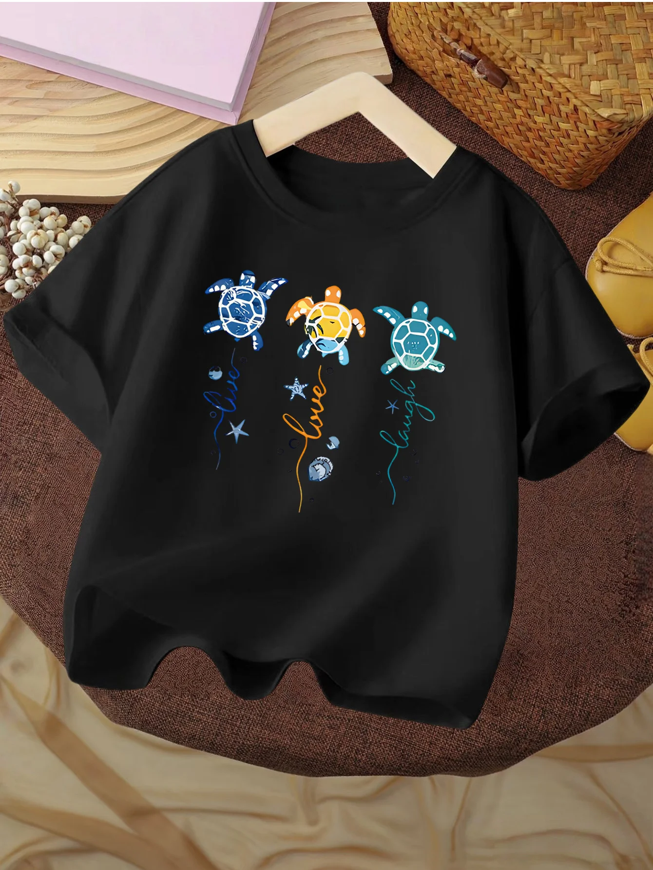 Live Love Laugh Colorful Sea Turtle Ocean Element Graphic Kids T Shirt Boys Girls Family Matching Summer Crew Neck Casual Tee
